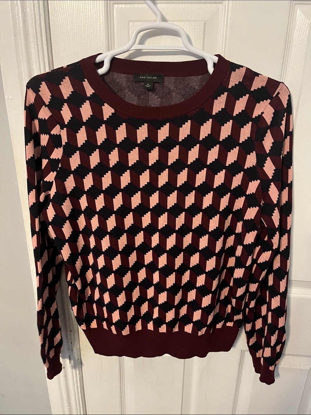 Ann Taylor Burgundy and Pink Geometric Crewneck Sweater
